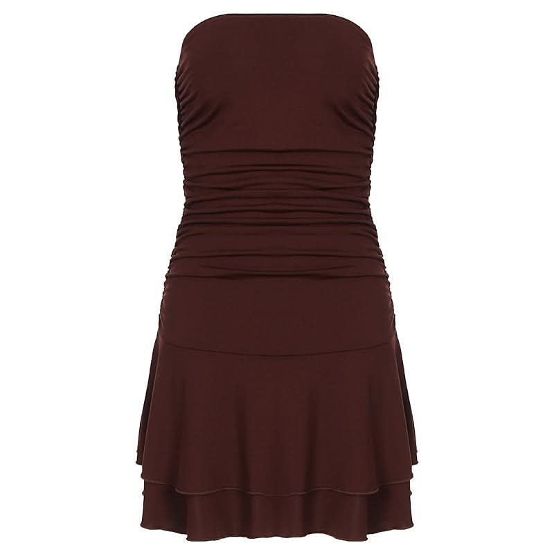 Chic Chocolate Brown Ruched Strapless Mini Dress - Flattering Tiered Fall Party Style