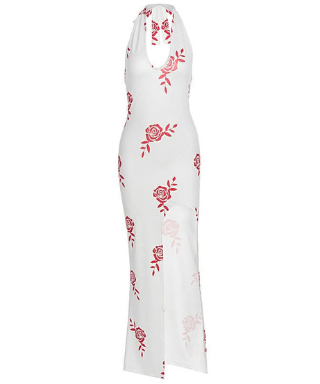 Chic Rose Print Halter Maxi Dress with Slit - Your Fall Vacation & Date Night Essential
