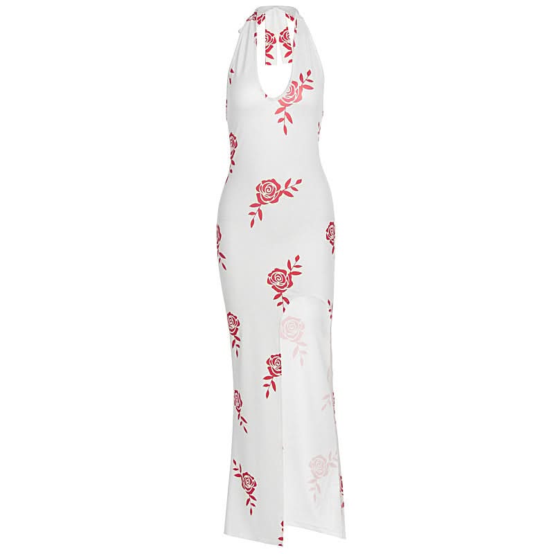 Chic Rose Print Halter Maxi Dress with Slit - Your Fall Vacation & Date Night Essential