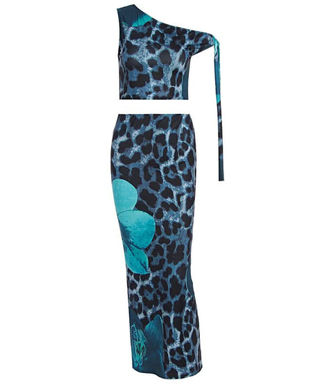 Standout Style: Blue Leopard & Floral One-Shoulder Maxi Set - Fall Event & Resort Ready