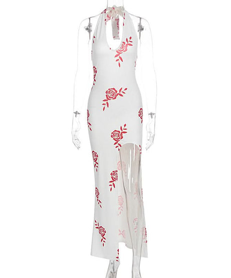 Chic Rose Print Halter Maxi Dress with Slit - Your Fall Vacation & Date Night Essential
