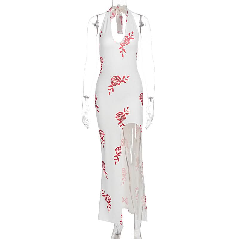 Chic Rose Print Halter Maxi Dress with Slit - Your Fall Vacation & Date Night Essential