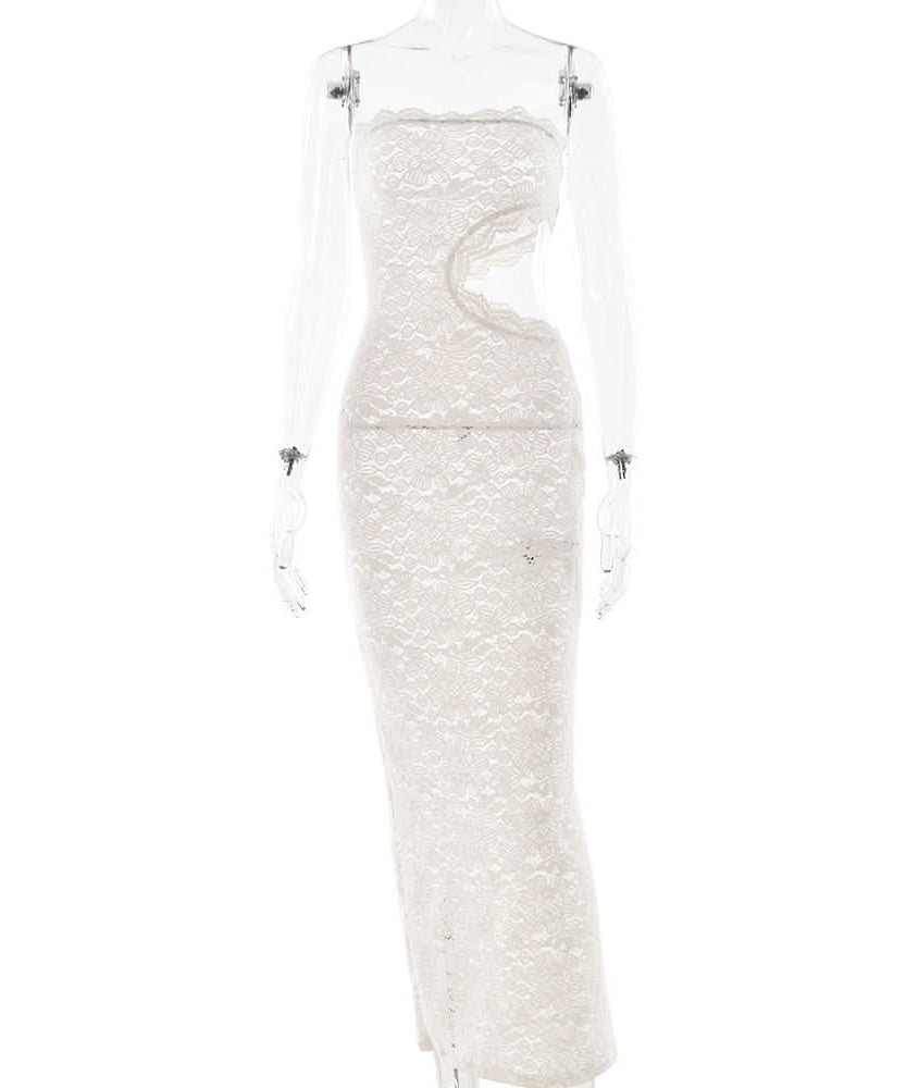 Alluring White Lace Strapless Maxi Dress with Side Cutout - Perfect for Fall Galas & Holiday Soirees