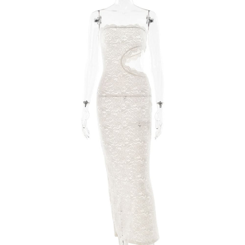 Alluring White Lace Strapless Maxi Dress with Side Cutout - Perfect for Fall Galas & Holiday Soirees