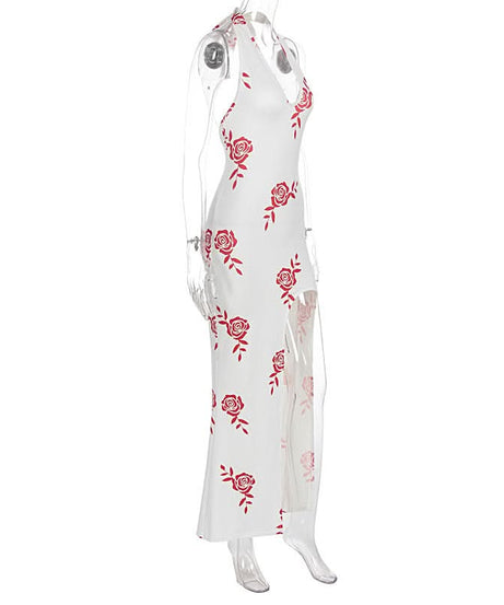 Chic Rose Print Halter Maxi Dress with Slit - Your Fall Vacation & Date Night Essential