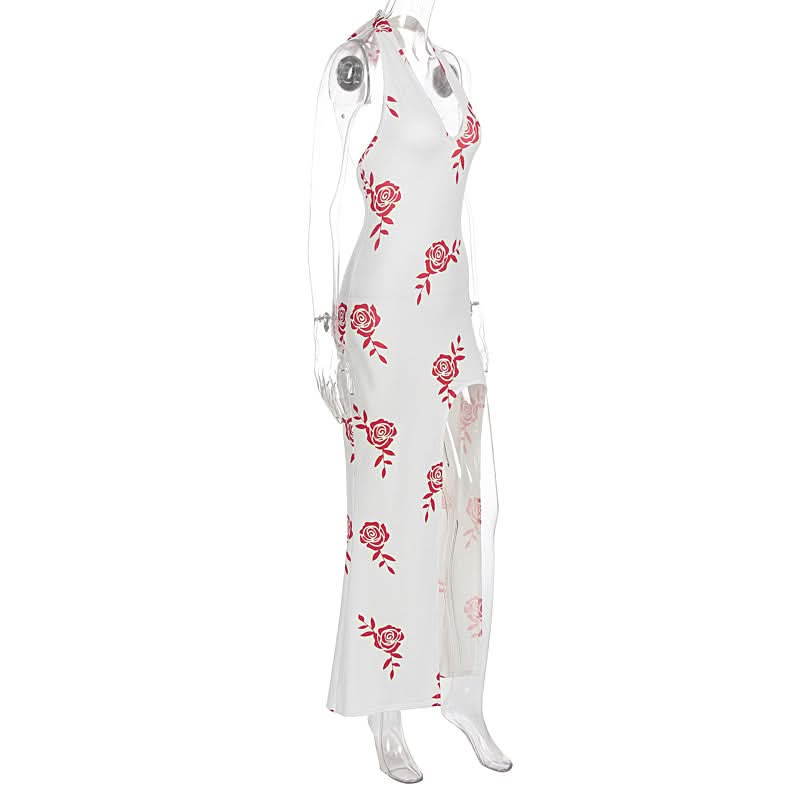 Chic Rose Print Halter Maxi Dress with Slit - Your Fall Vacation & Date Night Essential