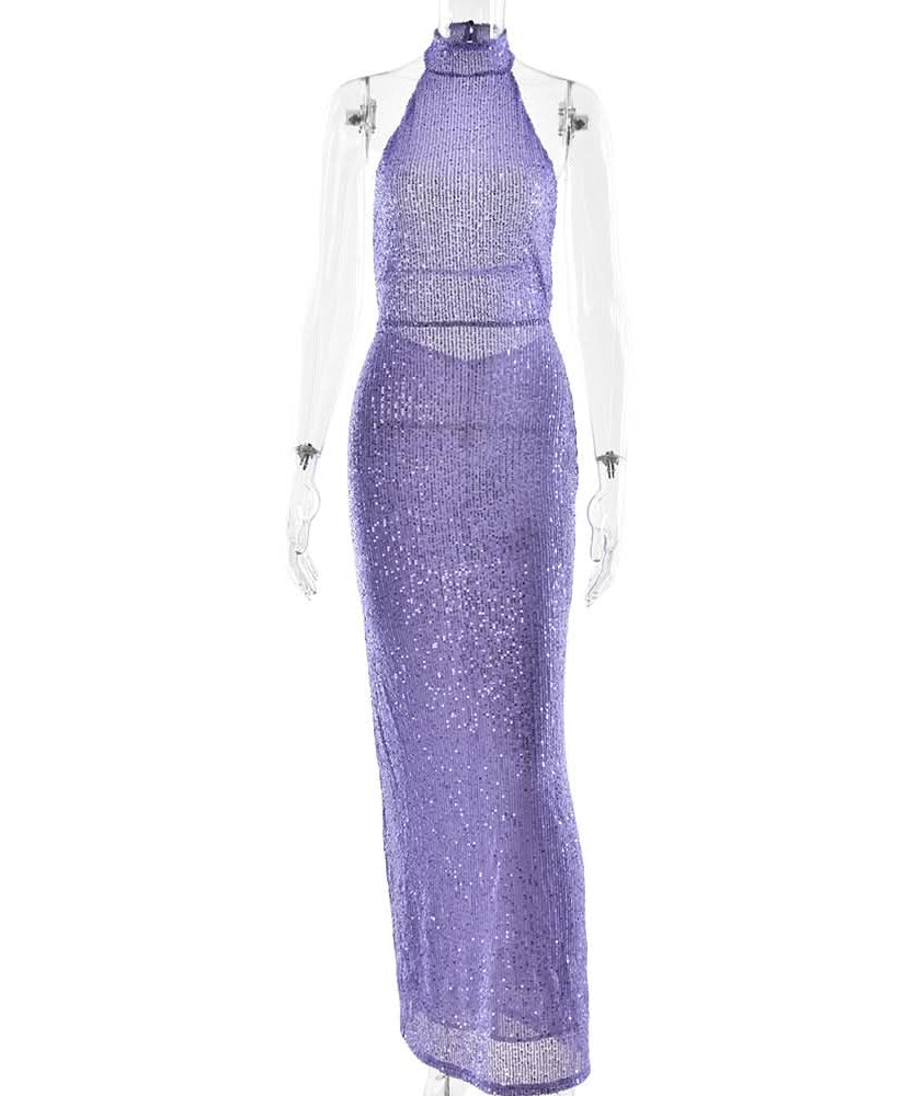 Head-Turning Lavender Sequin Halter Maxi Dress - Backless Glamour for Holiday & NYE