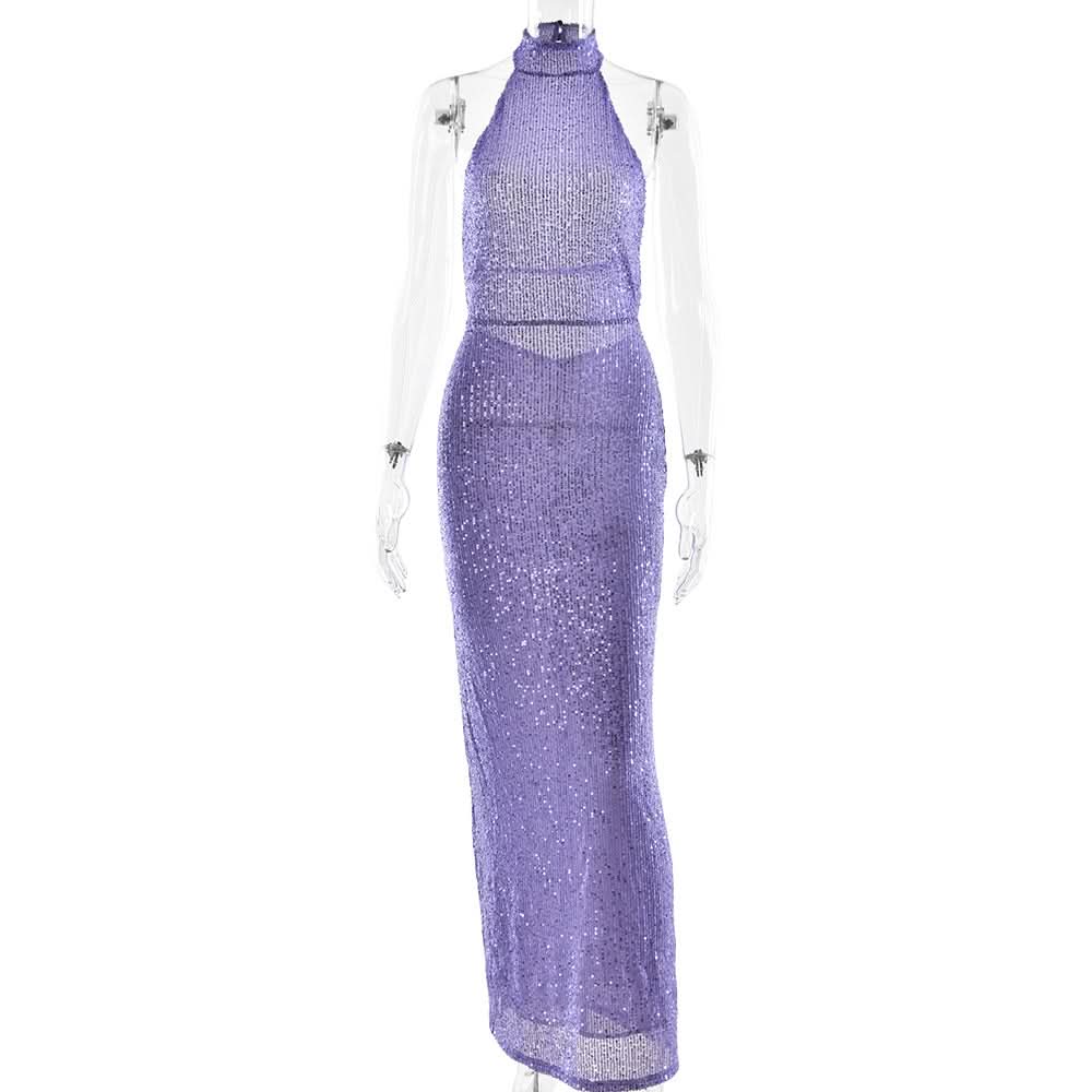Head-Turning Lavender Sequin Halter Maxi Dress - Backless Glamour for Holiday & NYE