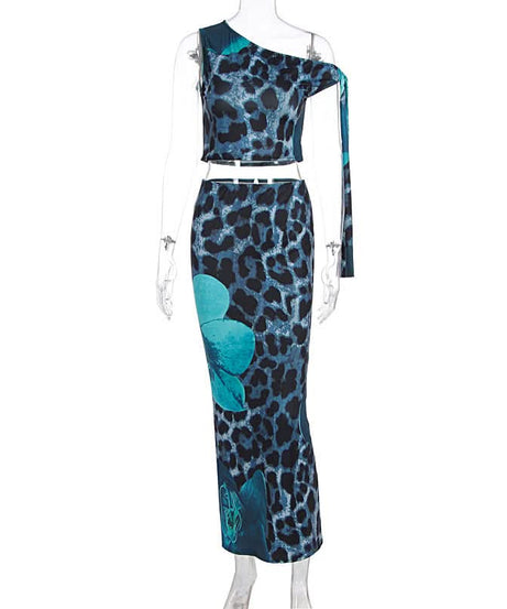 Standout Style: Blue Leopard & Floral One-Shoulder Maxi Set - Fall Event & Resort Ready