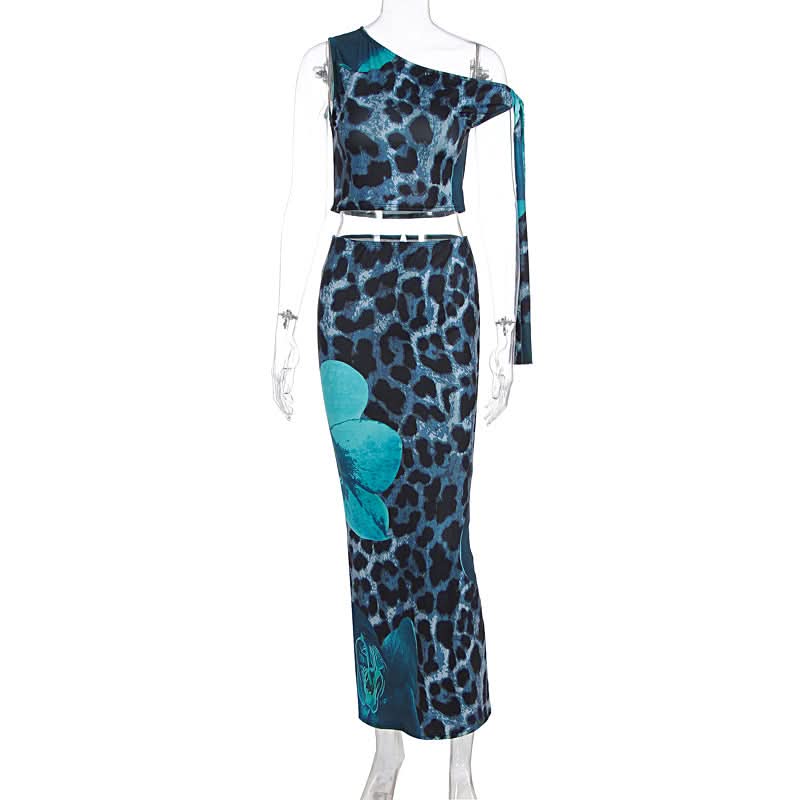 Standout Style: Blue Leopard & Floral One-Shoulder Maxi Set - Fall Event & Resort Ready