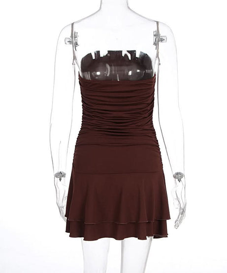 Chic Chocolate Brown Ruched Strapless Mini Dress - Flattering Tiered Fall Party Style