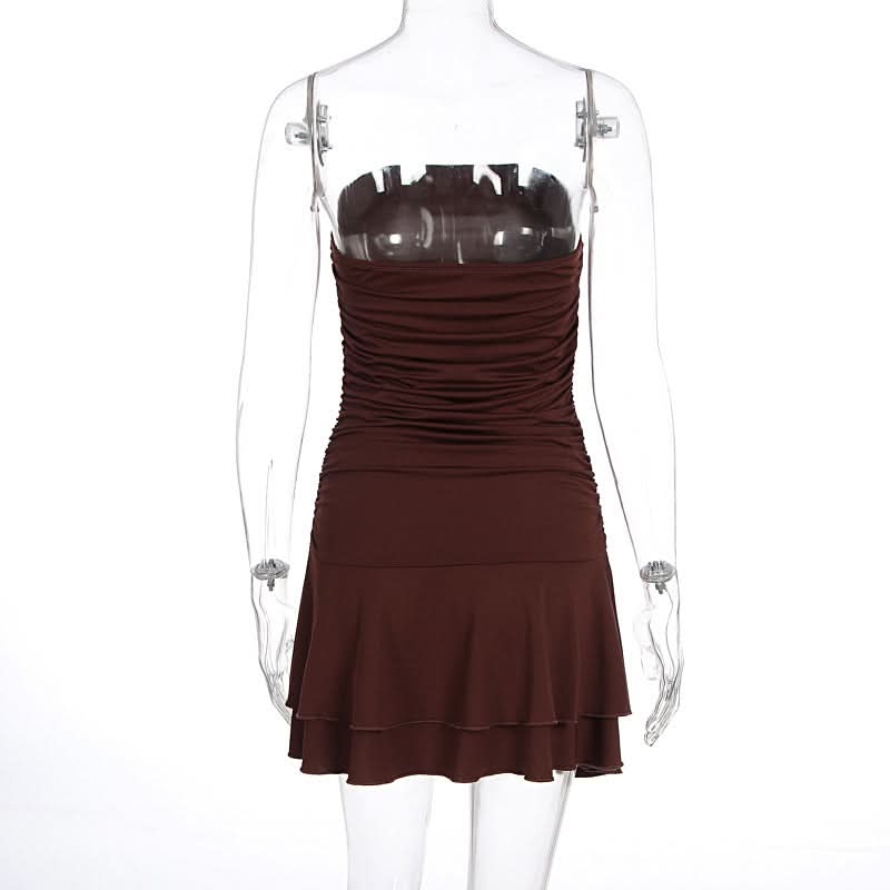 Chic Chocolate Brown Ruched Strapless Mini Dress - Flattering Tiered Fall Party Style