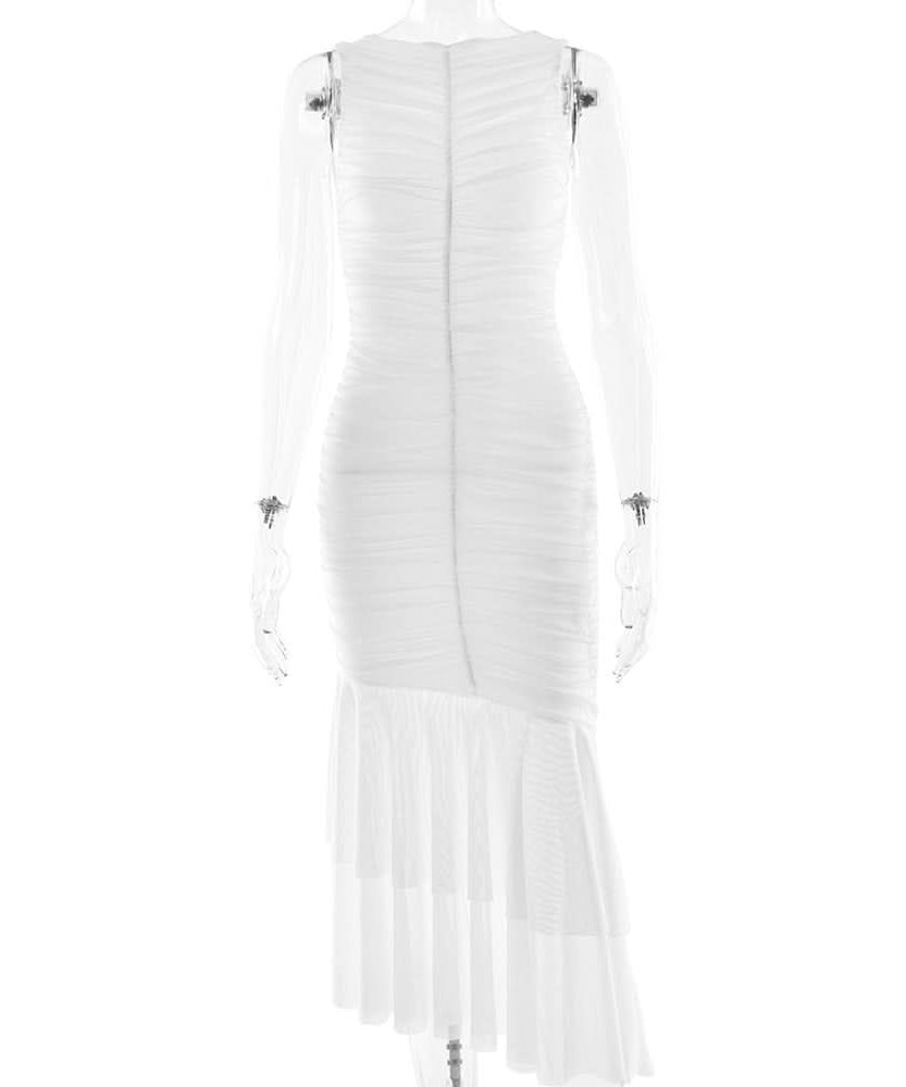 Winter White Ruched Bodycon Asymmetrical Ruffle Maxi Dress - Holiday Gala & Special Occasion Ready