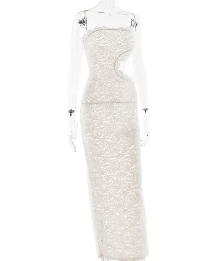Alluring White Lace Strapless Maxi Dress with Side Cutout - Perfect for Fall Galas & Holiday Soirees