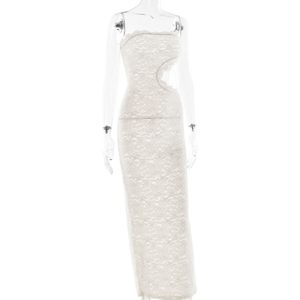 Alluring White Lace Strapless Maxi Dress with Side Cutout - Perfect for Fall Galas & Holiday Soirees