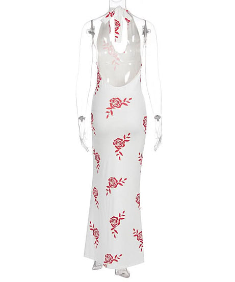 Chic Rose Print Halter Maxi Dress with Slit - Your Fall Vacation & Date Night Essential