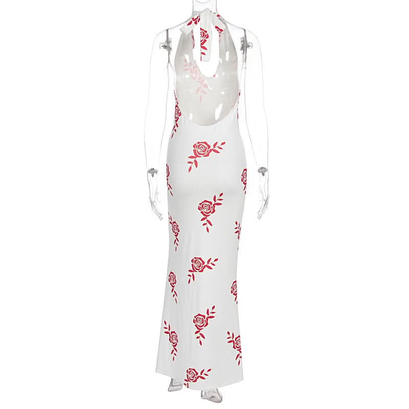 Chic Rose Print Halter Maxi Dress with Slit - Your Fall Vacation & Date Night Essential