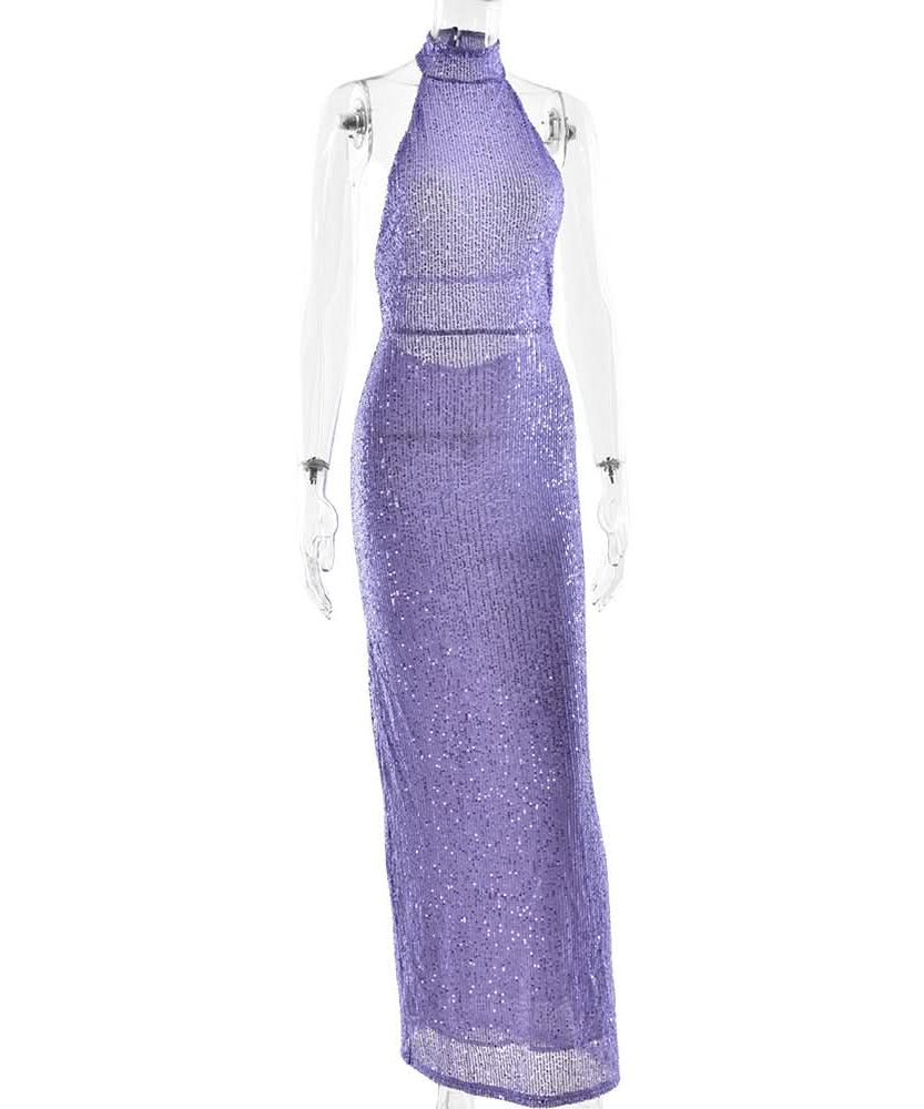 Head-Turning Lavender Sequin Halter Maxi Dress - Backless Glamour for Holiday & NYE