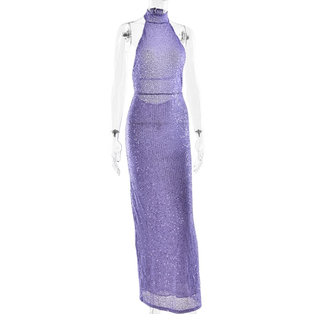 Head-Turning Lavender Sequin Halter Maxi Dress - Backless Glamour for Holiday & NYE