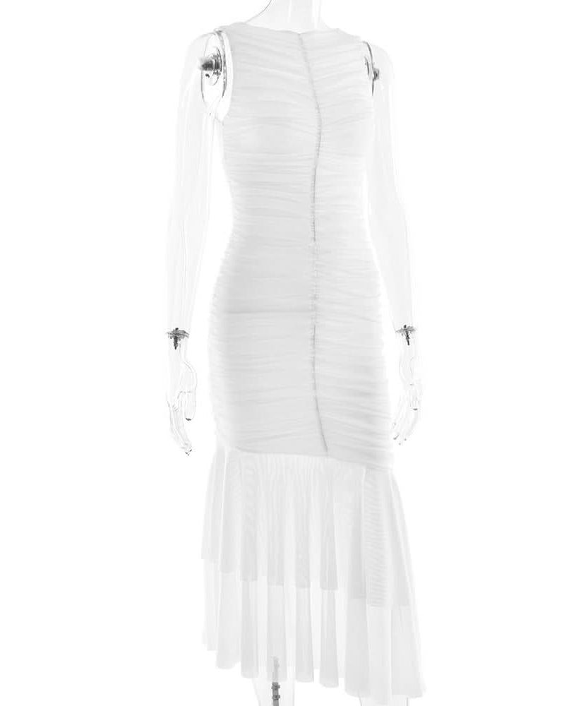 Winter White Ruched Bodycon Asymmetrical Ruffle Maxi Dress - Holiday Gala & Special Occasion Ready
