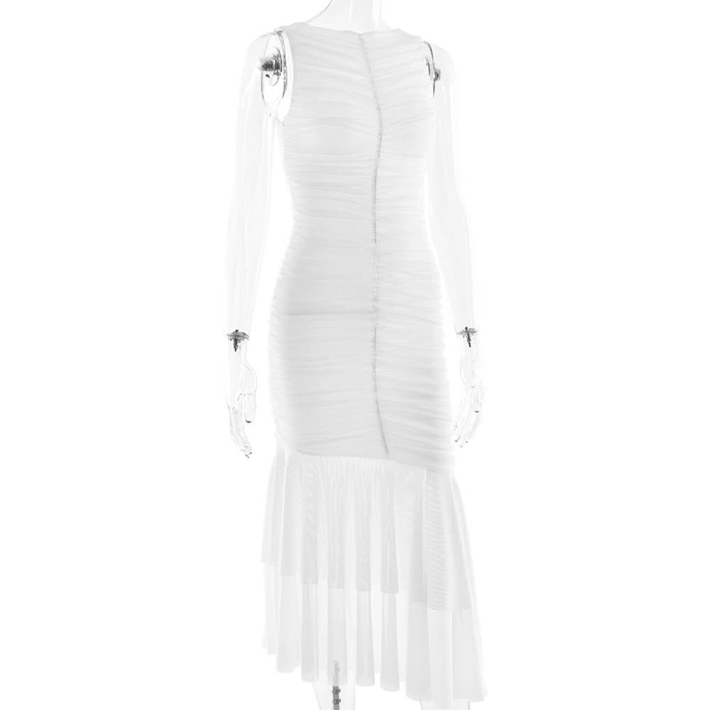 Winter White Ruched Bodycon Asymmetrical Ruffle Maxi Dress - Holiday Gala & Special Occasion Ready