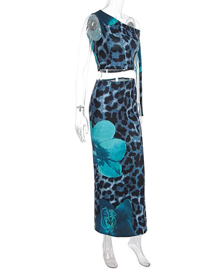 Standout Style: Blue Leopard & Floral One-Shoulder Maxi Set - Fall Event & Resort Ready