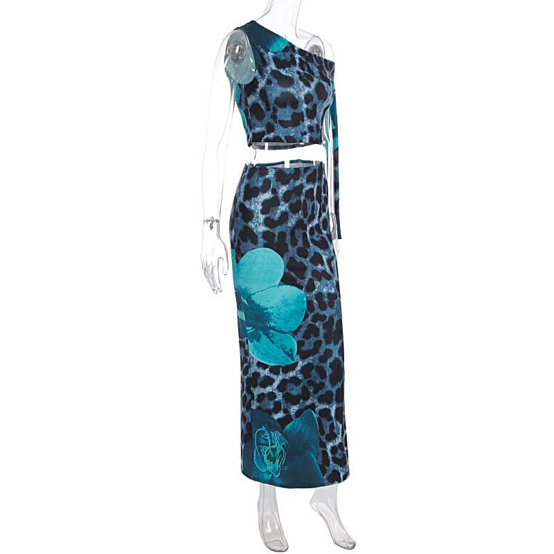 Standout Style: Blue Leopard & Floral One-Shoulder Maxi Set - Fall Event & Resort Ready