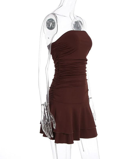Chic Chocolate Brown Ruched Strapless Mini Dress - Flattering Tiered Fall Party Style