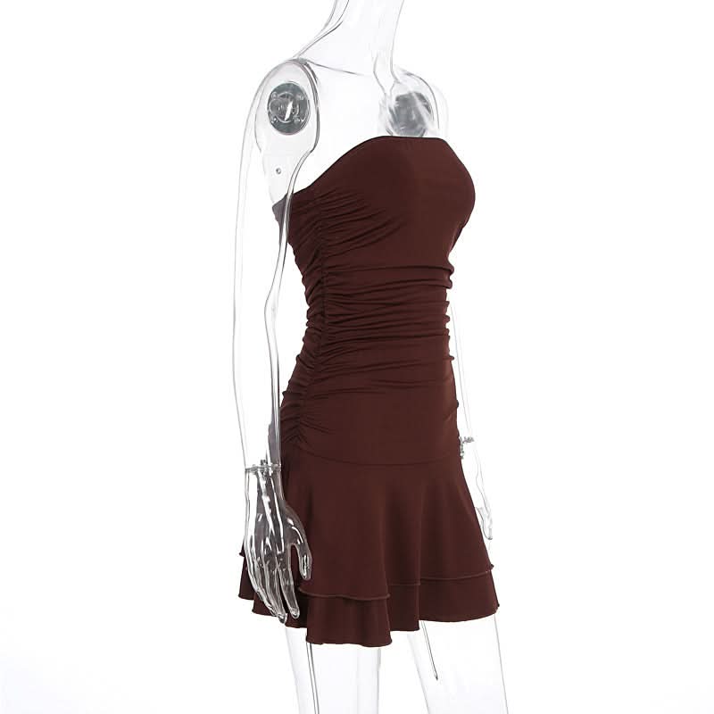 Chic Chocolate Brown Ruched Strapless Mini Dress - Flattering Tiered Fall Party Style