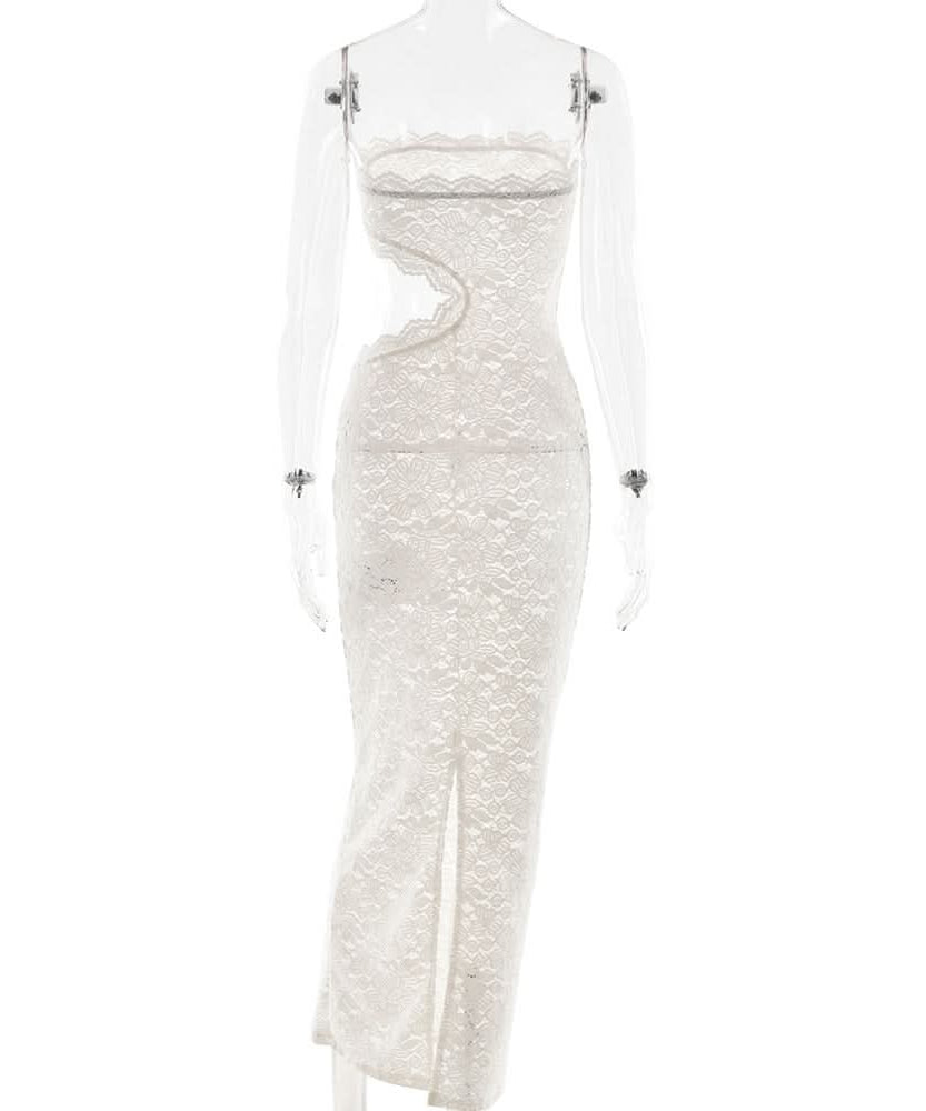 Alluring White Lace Strapless Maxi Dress with Side Cutout - Perfect for Fall Galas & Holiday Soirees