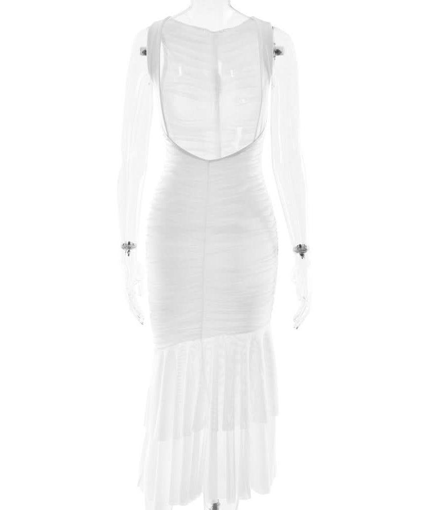 Winter White Ruched Bodycon Asymmetrical Ruffle Maxi Dress - Holiday Gala & Special Occasion Ready