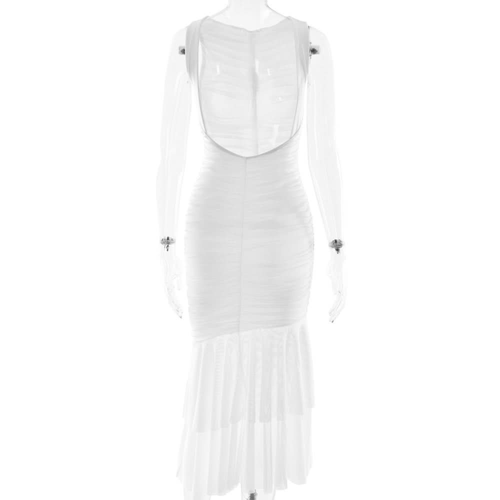 Winter White Ruched Bodycon Asymmetrical Ruffle Maxi Dress - Holiday Gala & Special Occasion Ready