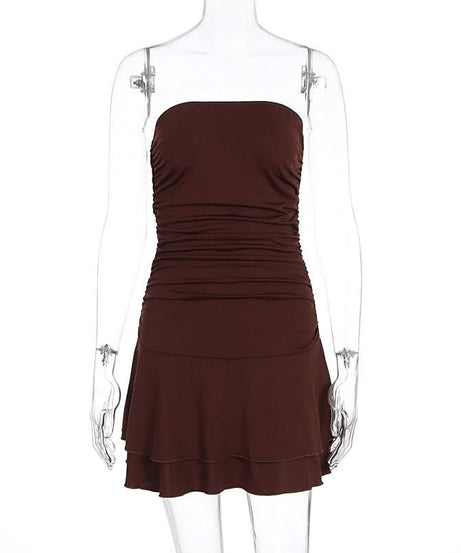 Chic Chocolate Brown Ruched Strapless Mini Dress - Flattering Tiered Fall Party Style