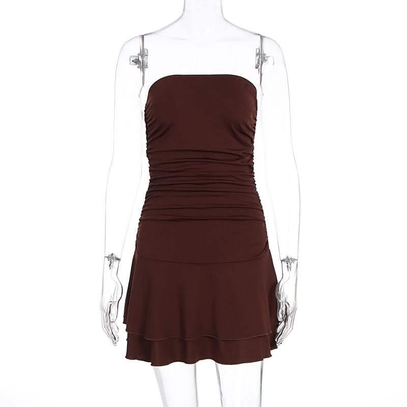 Chic Chocolate Brown Ruched Strapless Mini Dress - Flattering Tiered Fall Party Style