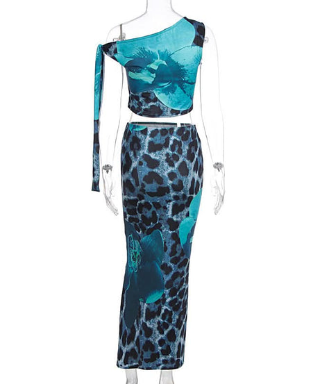 Standout Style: Blue Leopard & Floral One-Shoulder Maxi Set - Fall Event & Resort Ready