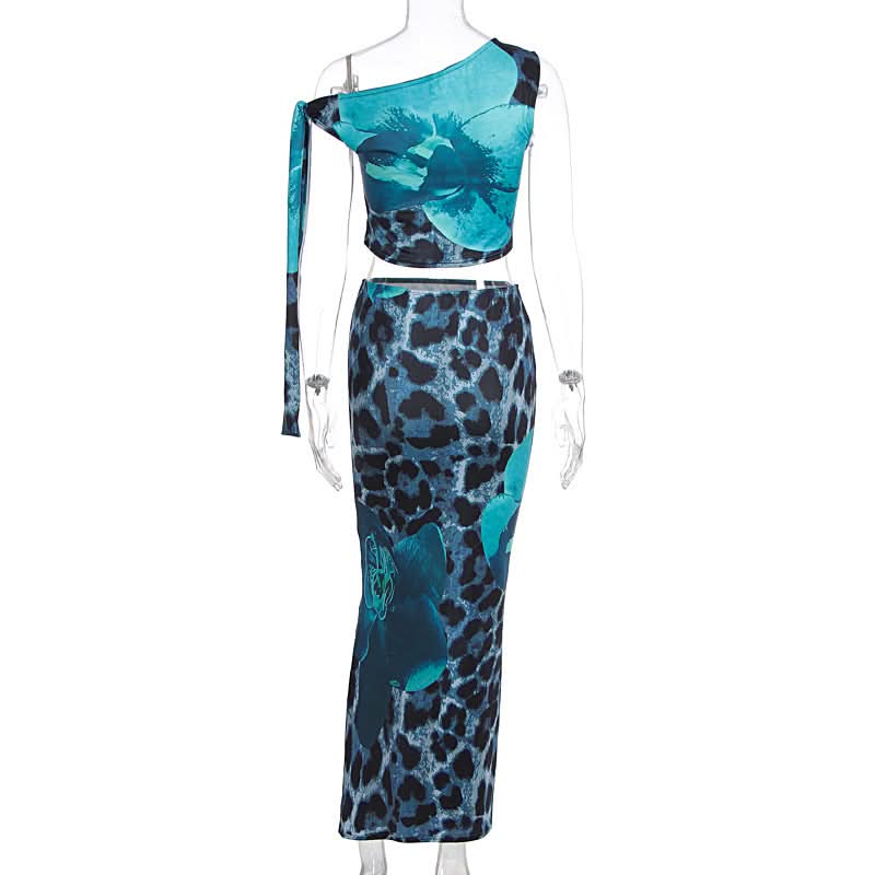 Standout Style: Blue Leopard & Floral One-Shoulder Maxi Set - Fall Event & Resort Ready