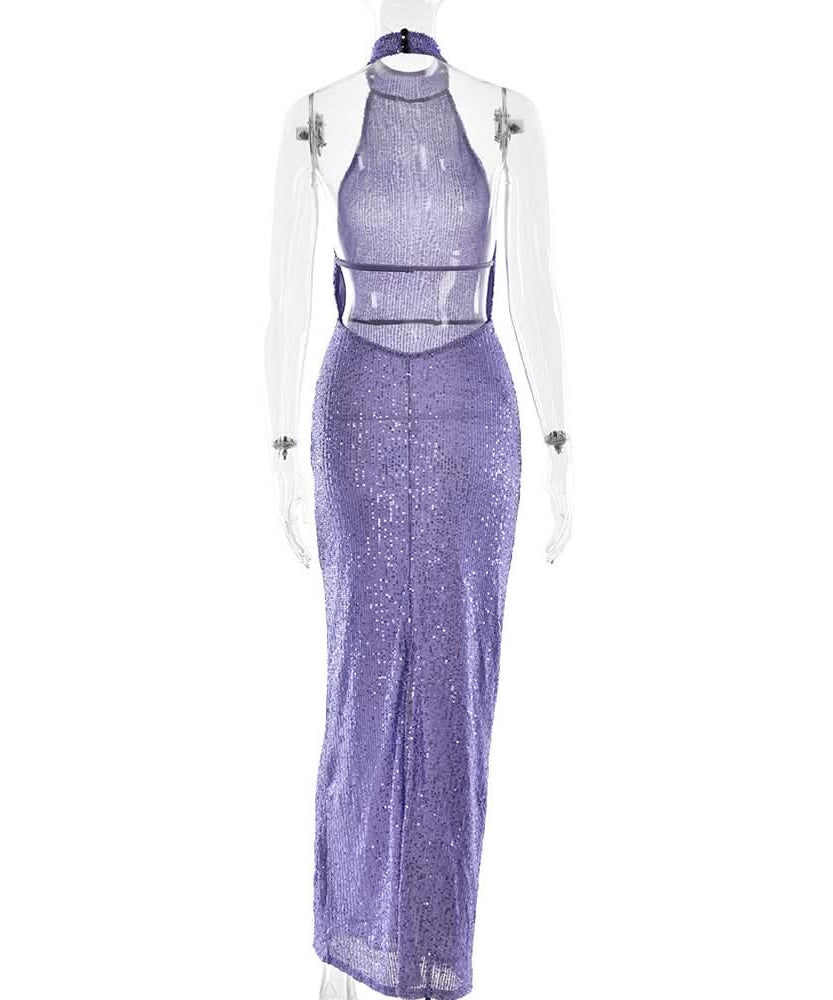Head-Turning Lavender Sequin Halter Maxi Dress - Backless Glamour for Holiday & NYE