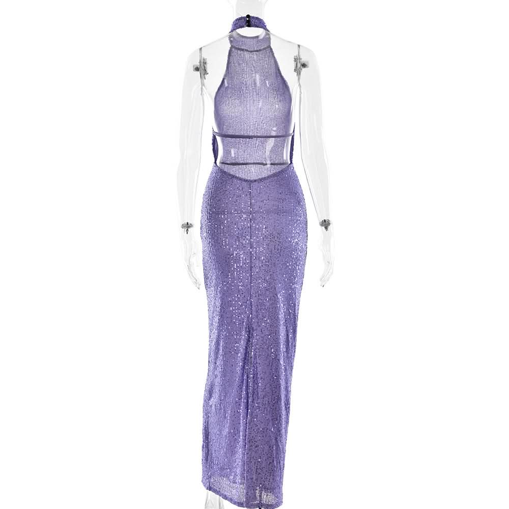 Head-Turning Lavender Sequin Halter Maxi Dress - Backless Glamour for Holiday & NYE