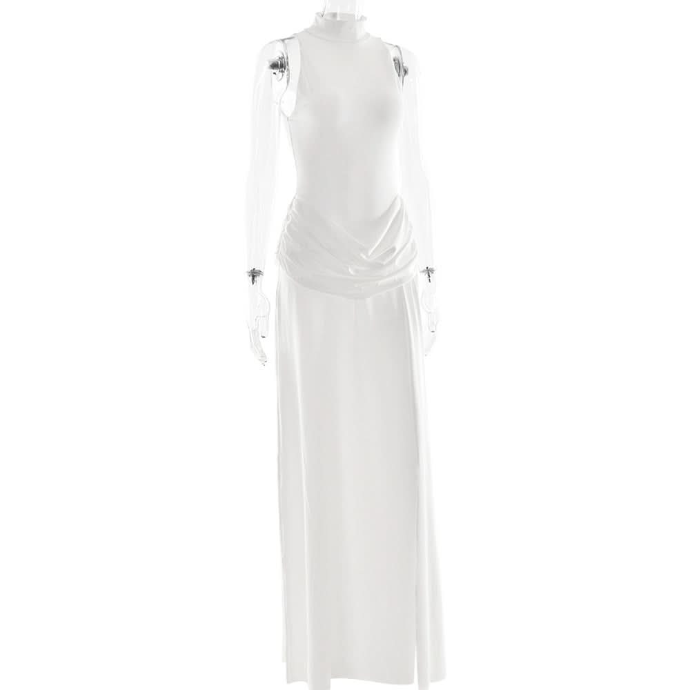 Sophisticated Black Mock Neck Ruched Maxi Dress with High Slit | Holiday Party & New Year's Eve Glam