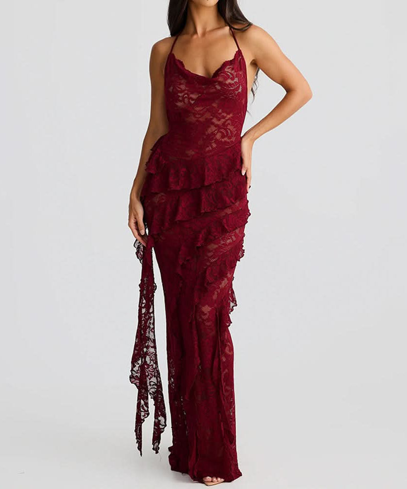Enchanting Fall: Burgundy Lace Ruffle Halter Maxi Dress - Perfect for Halloween & Holiday Soirees