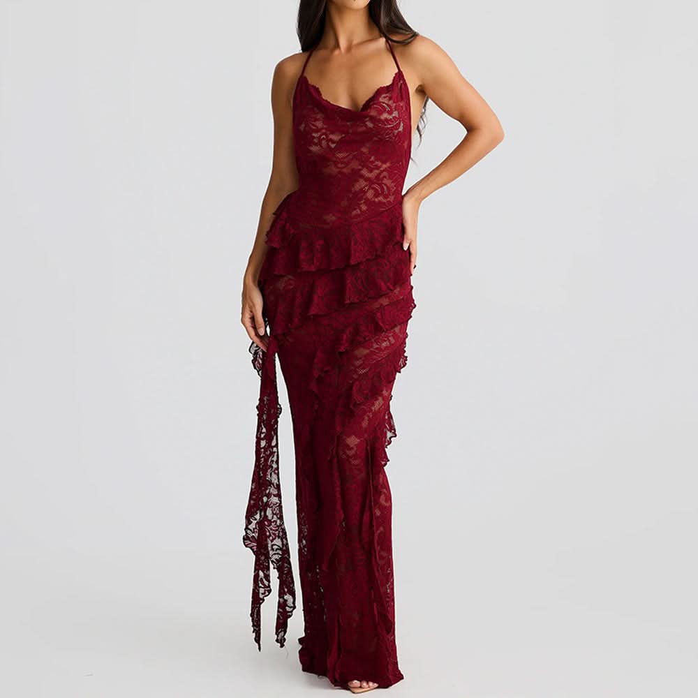 Enchanting Fall: Burgundy Lace Ruffle Halter Maxi Dress - Perfect for Halloween & Holiday Soirees