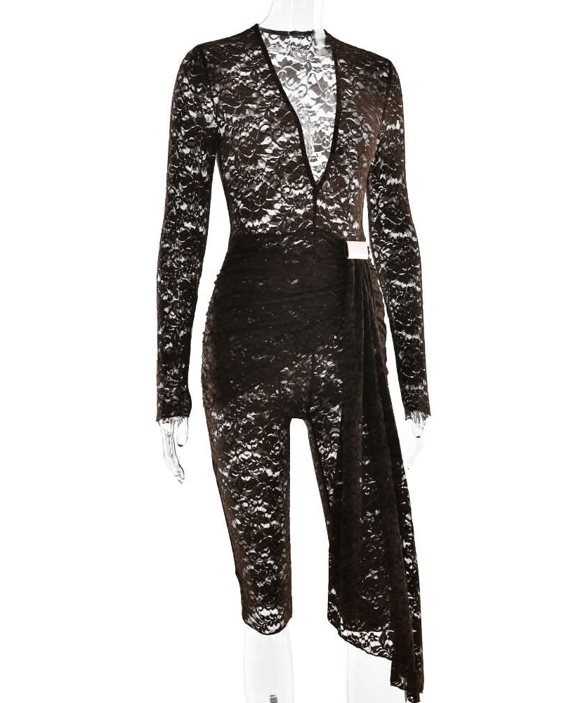 Haute Halloween & Holiday Ready: Daring Black Lace Deep V Asymmetrical Romper