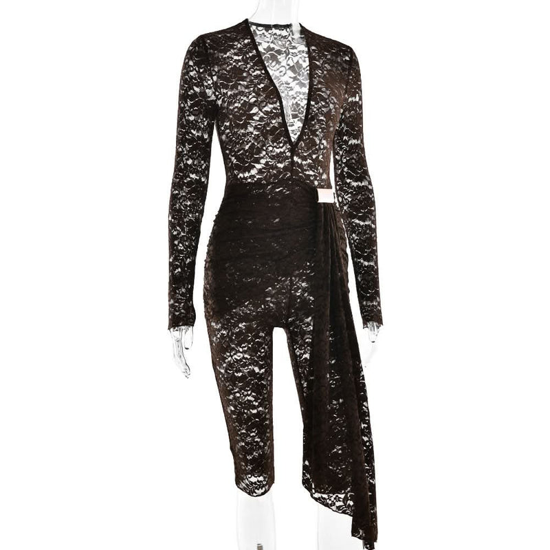 Haute Halloween & Holiday Ready: Daring Black Lace Deep V Asymmetrical Romper