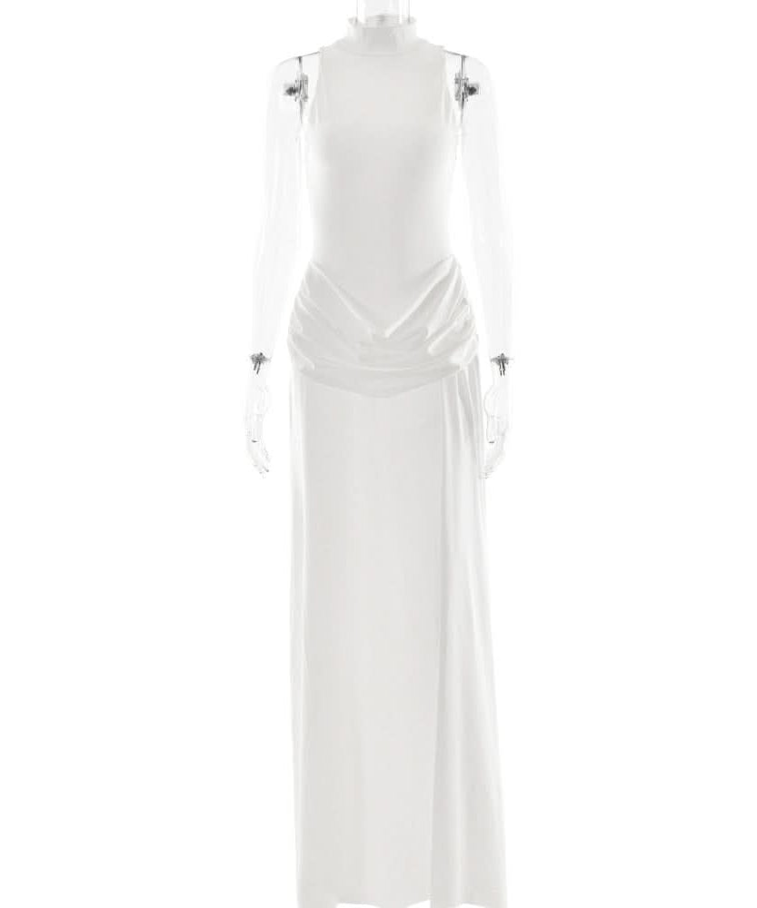 Sophisticated Black Mock Neck Ruched Maxi Dress with High Slit | Holiday Party & New Year's Eve Glam