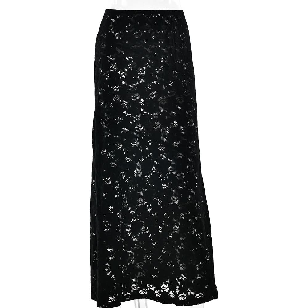 Fall Glam Black Lace Maxi Skirt - Sheer Elegance for Halloween & Holiday Parties