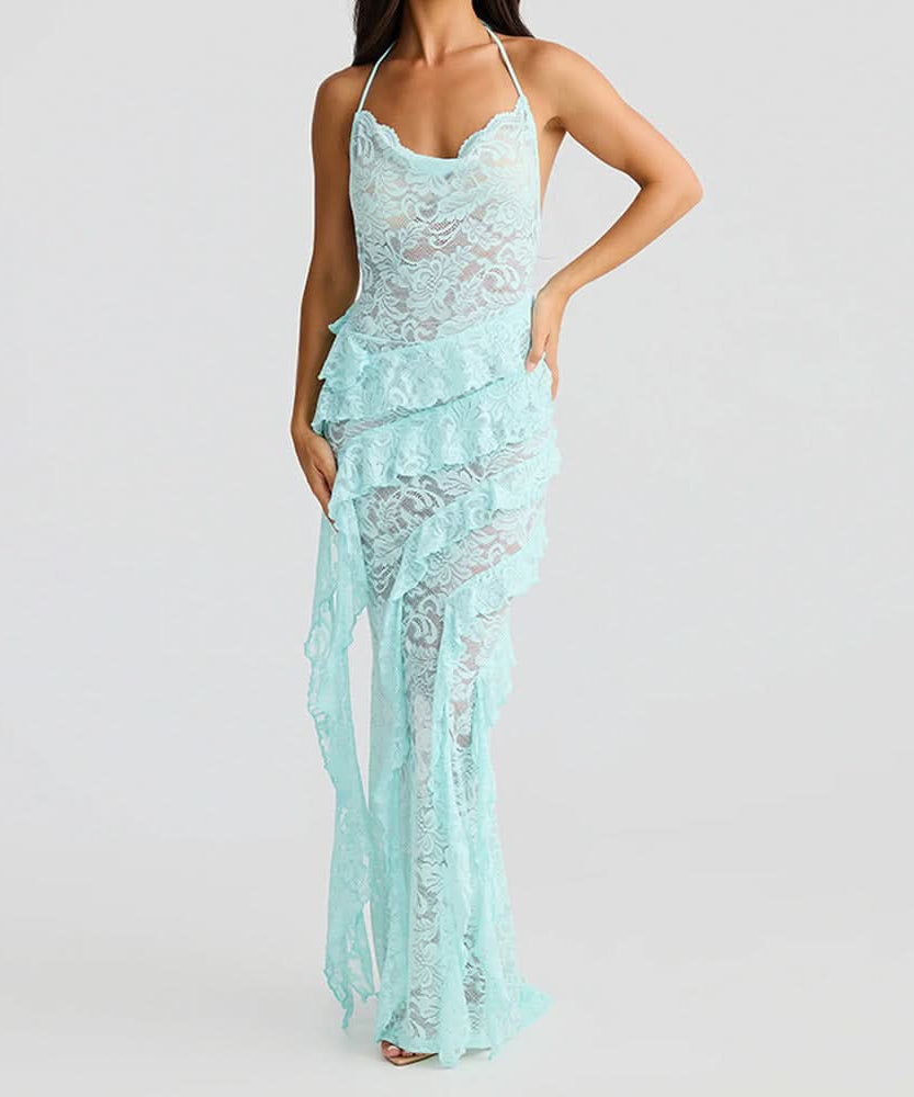 Enchanting Fall: Burgundy Lace Ruffle Halter Maxi Dress - Perfect for Halloween & Holiday Soirees