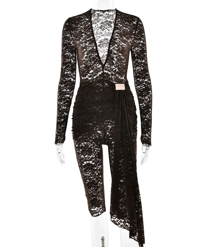 Haute Halloween & Holiday Ready: Daring Black Lace Deep V Asymmetrical Romper