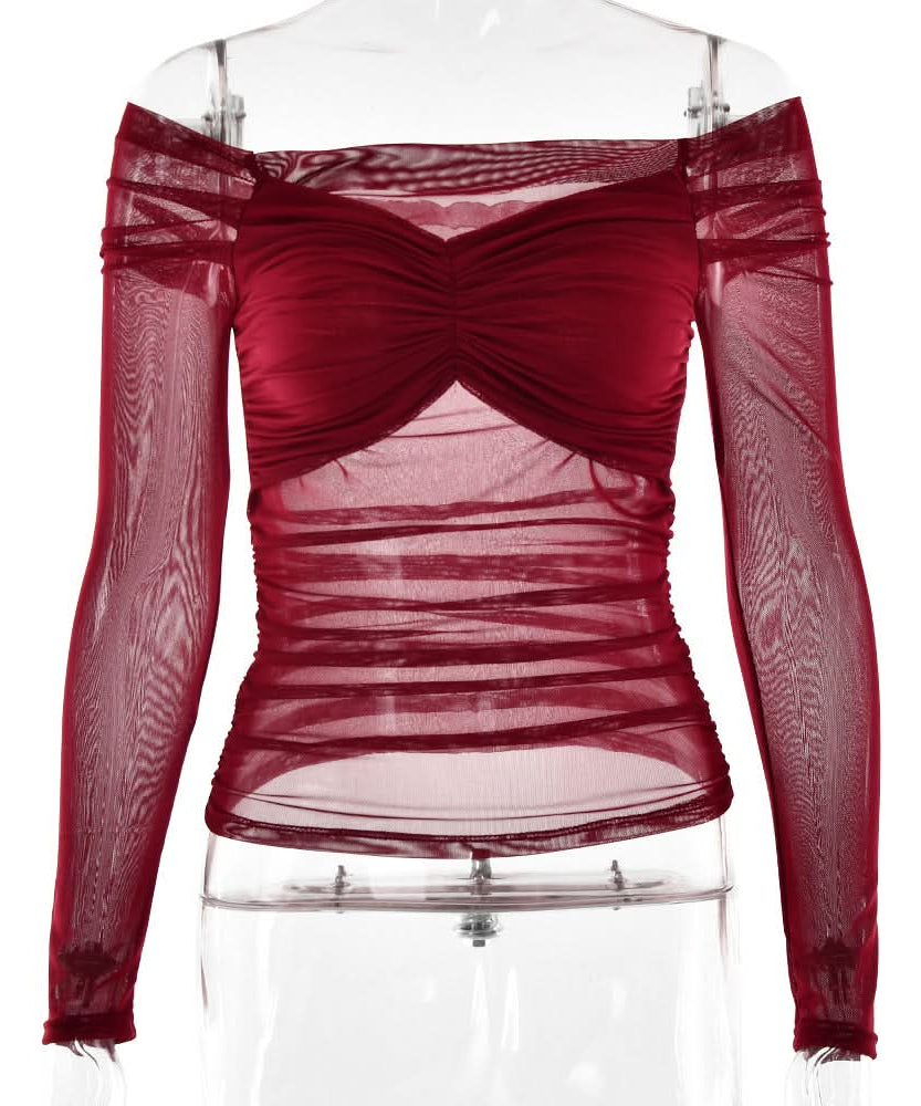 Sultry Burgundy Off-Shoulder Ruched Mesh Top - Fall & Holiday Chic