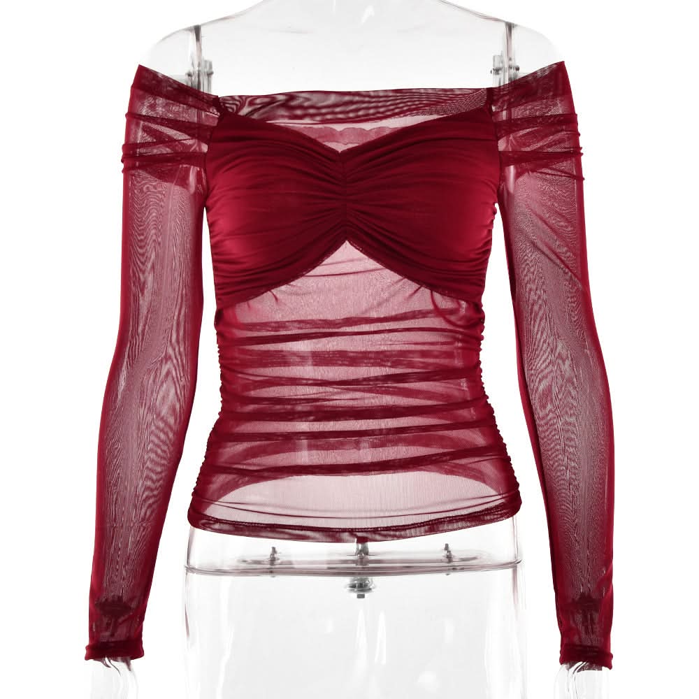 Sultry Burgundy Off-Shoulder Ruched Mesh Top - Fall & Holiday Chic