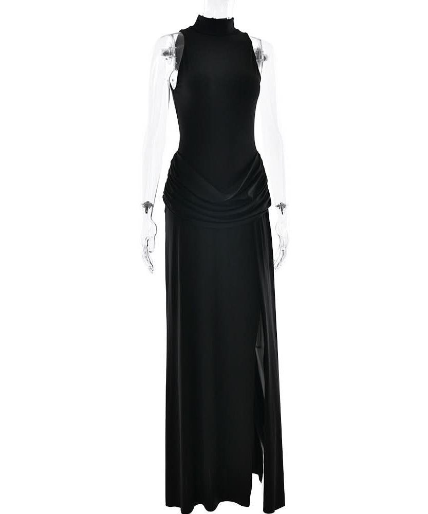 Sophisticated Black Mock Neck Ruched Maxi Dress with High Slit | Holiday Party & New Year's Eve Glam